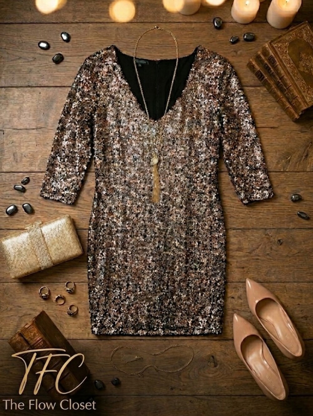 Metaphor Rose Gold Sequin V-Neck Sheath Dress Medium